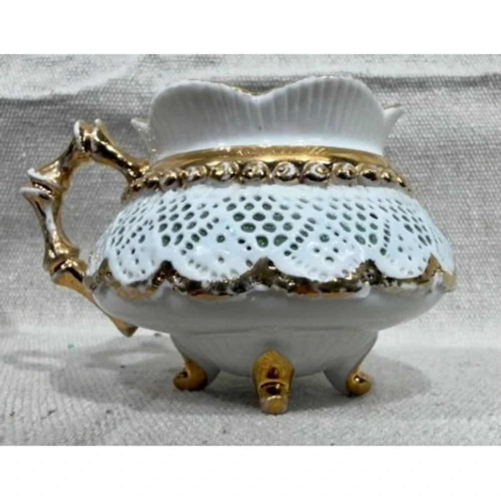 Antique German Bohemian Reticulated Porcelain Cup Gold Gilt Pierced 1890-1920
